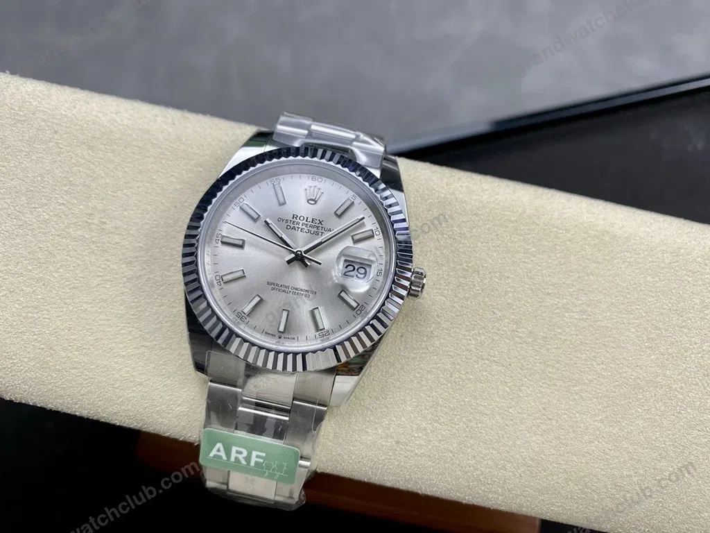 Super Clone Rolex Datejust Silver Dial 126334-0003 41 mm — on leather display