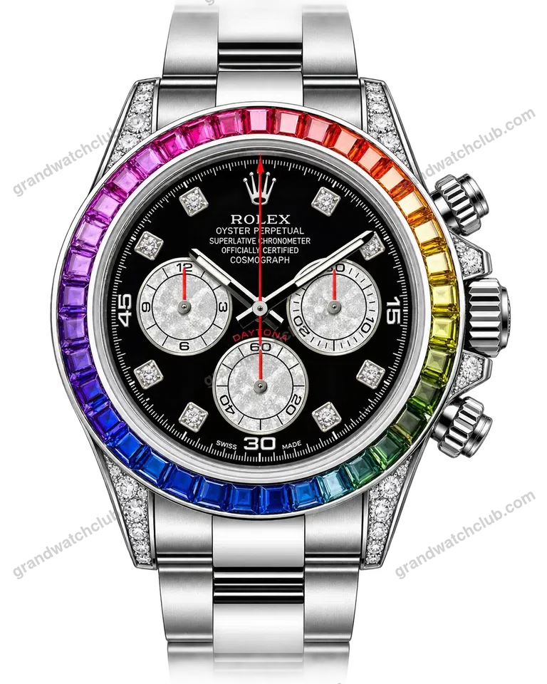 Super Clone Rolex Cosmograph Daytona Rainbow Sapphire Black Diamond Dial 116599RBOW – Swiss SuperClone