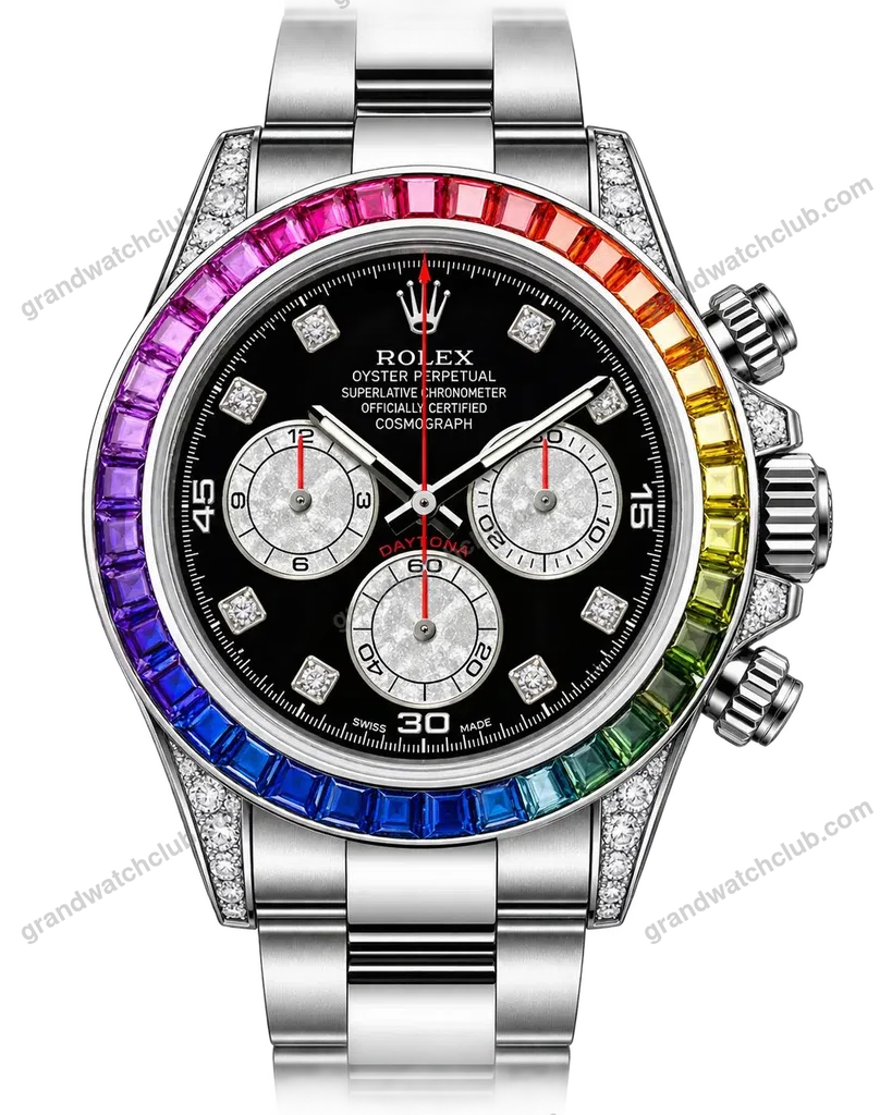 Super Clone Rolex Cosmograph Daytona Rainbow Sapphire Black Diamond Dial 116599RBOW – Swiss SuperClone