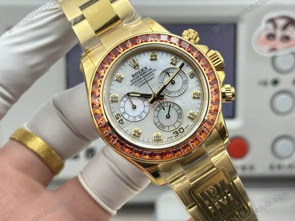 Super Clone Rolex Cosmograph Daytona Mother of Pearl Diamond Dial Orange Sapphire Bezel 116578SACO – Swiss SuperClone - photo 7
