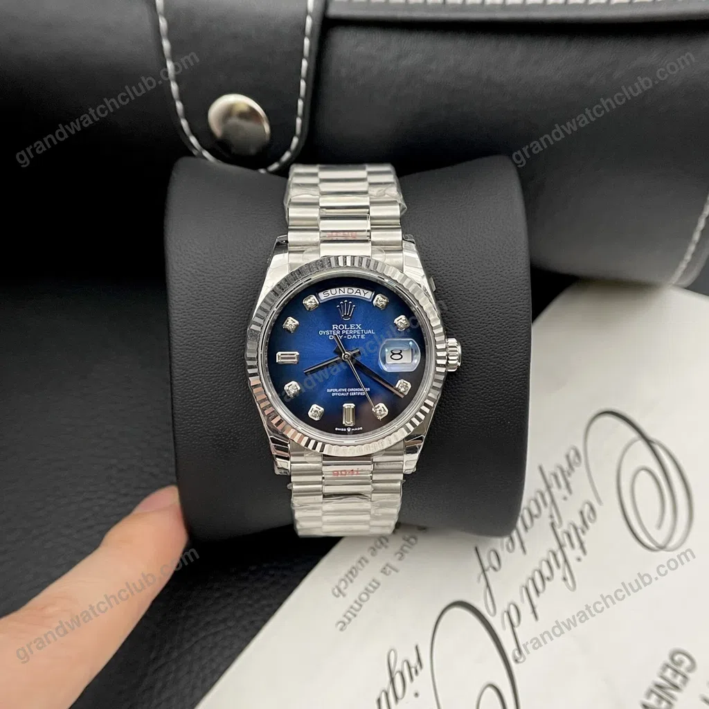 Super Clone Rolex Day-Date Blue Ombré Diamond Dial 128236-0005 36 mm — dial close-up