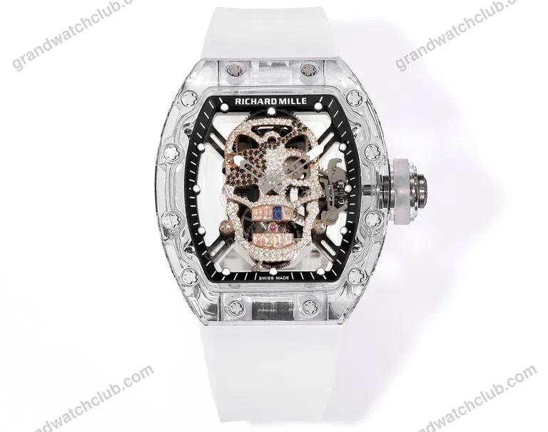 Super Clone Richard Mille RM 52-01 Transparent Skull Tourbillon Rubber Strap
