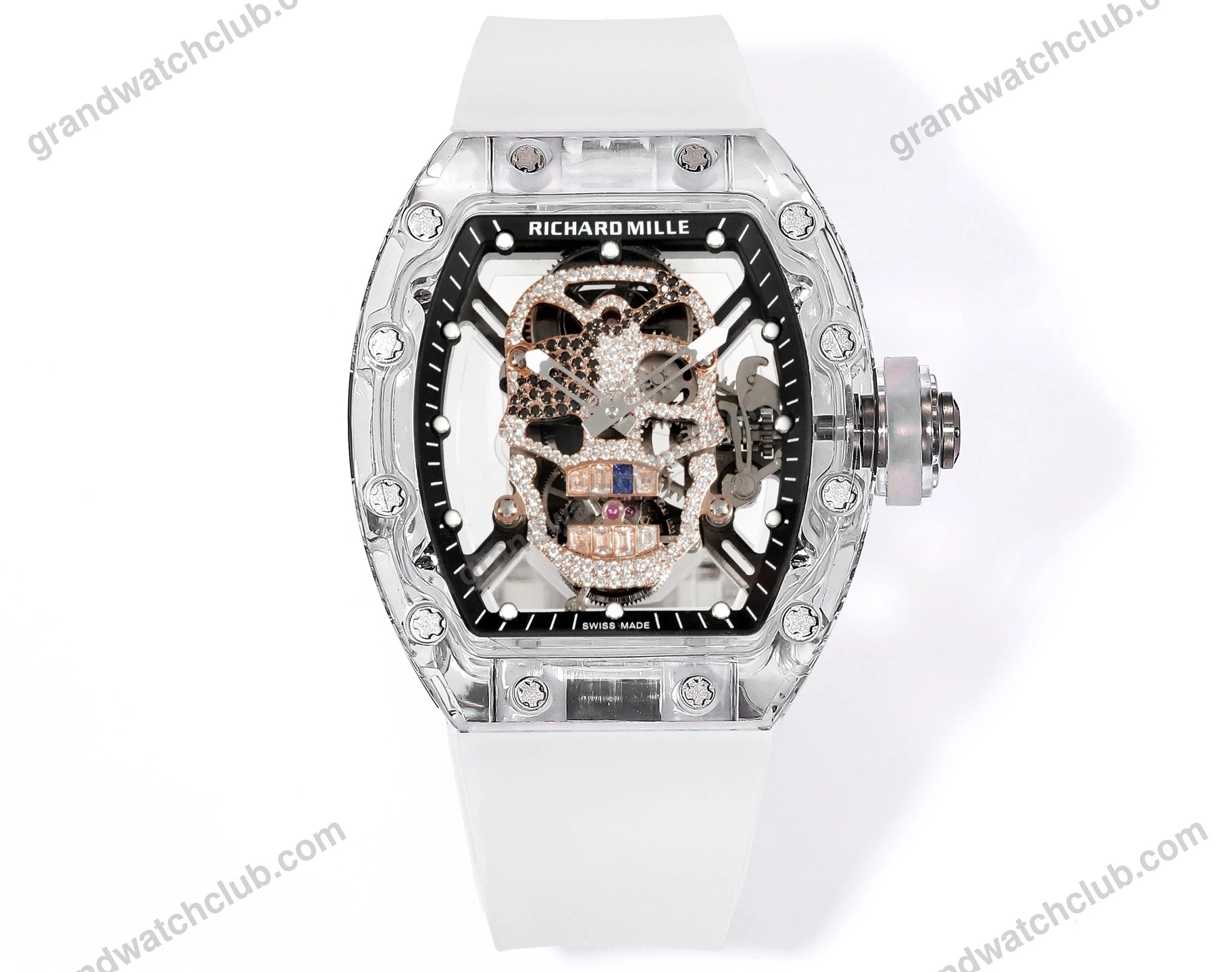 Super Clone Richard Mille RM 52-01 Transparent Skull Tourbillon Rubber Strap