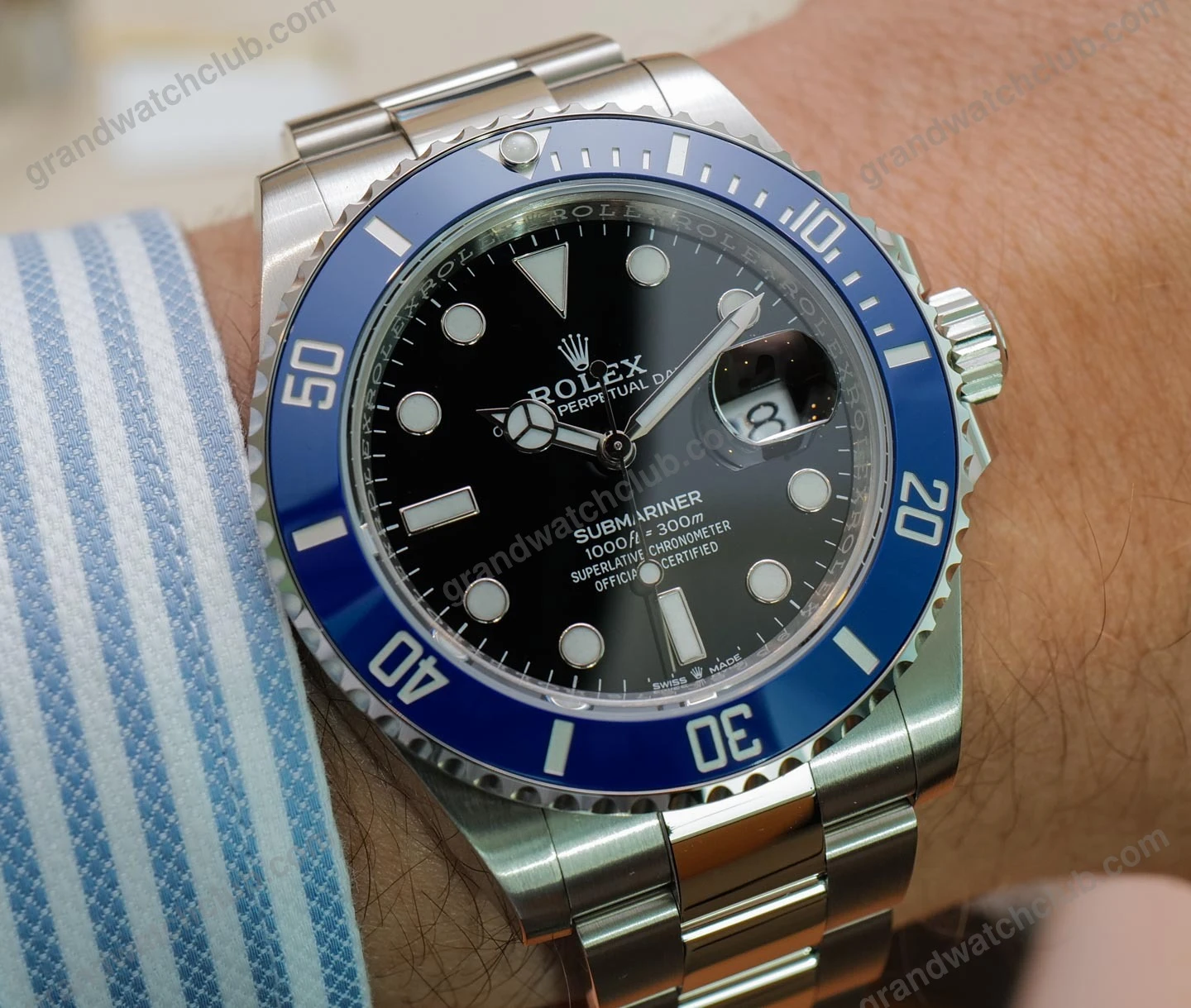Super Clone Rolex Submariner “Cookie Monster” Black Dial 126619LB — on leather display