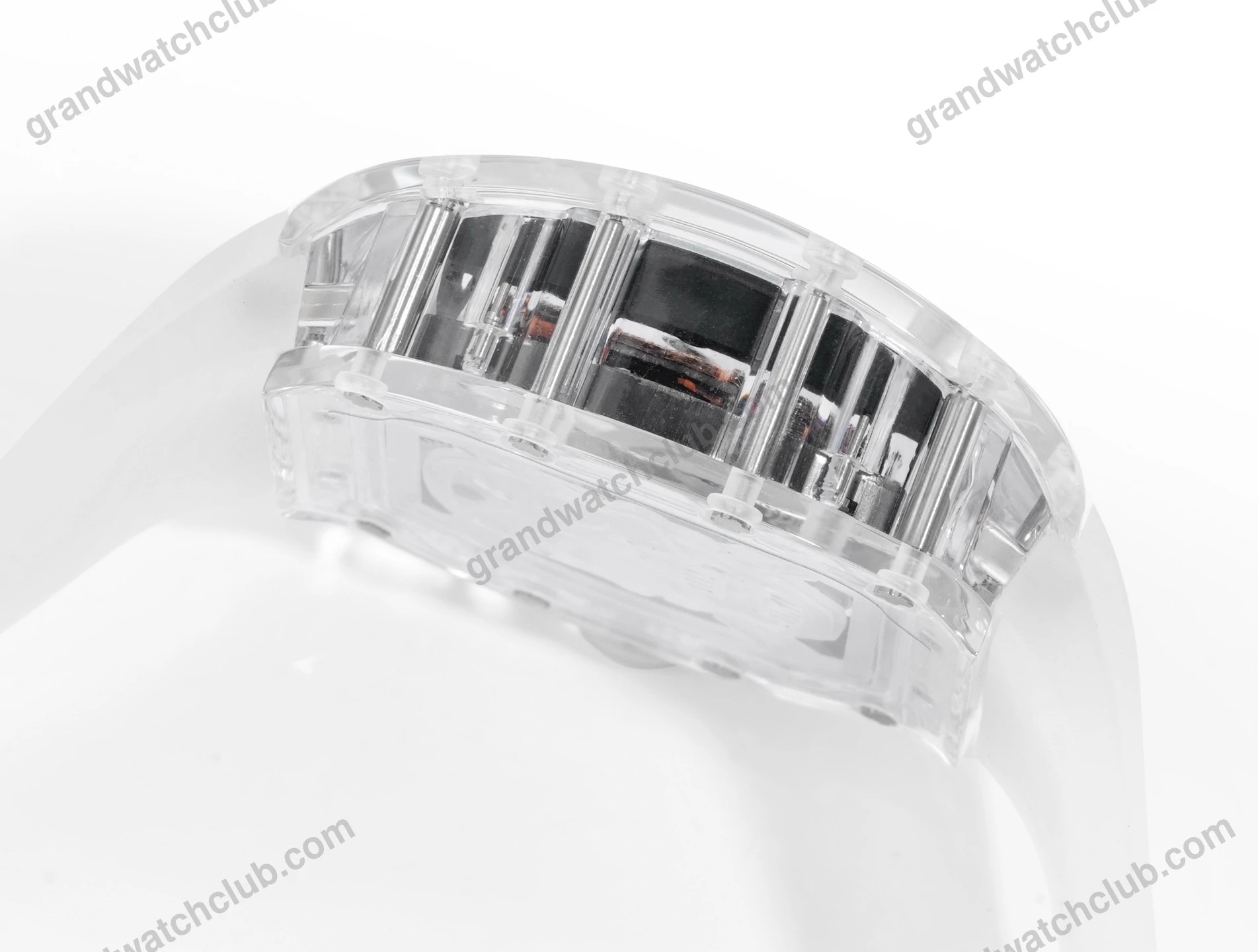 Super Clone Richard Mille RM 52-01 Transparent Skull Tourbillon Rubber Strap β on leather display