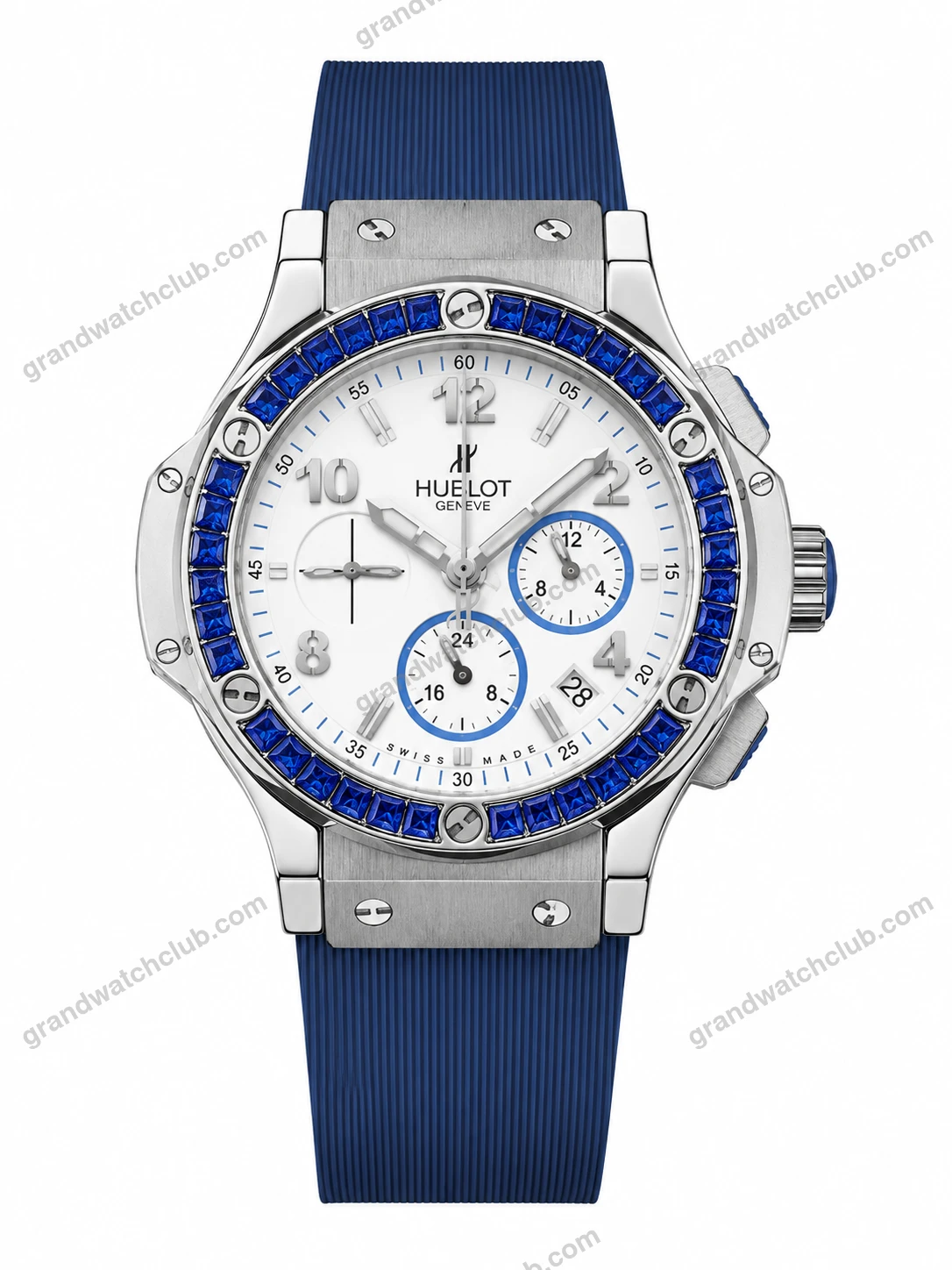 Super Clone Hublot Big Bang Silver Blue Diamond Bezel White Dial Rubber Strap