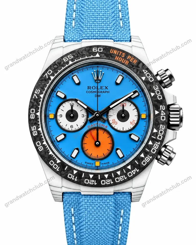 Super Clone Rolex Cosmograph Daytona DIW White Carbon Blue Orange Dial 116500LN – Swiss SuperClone