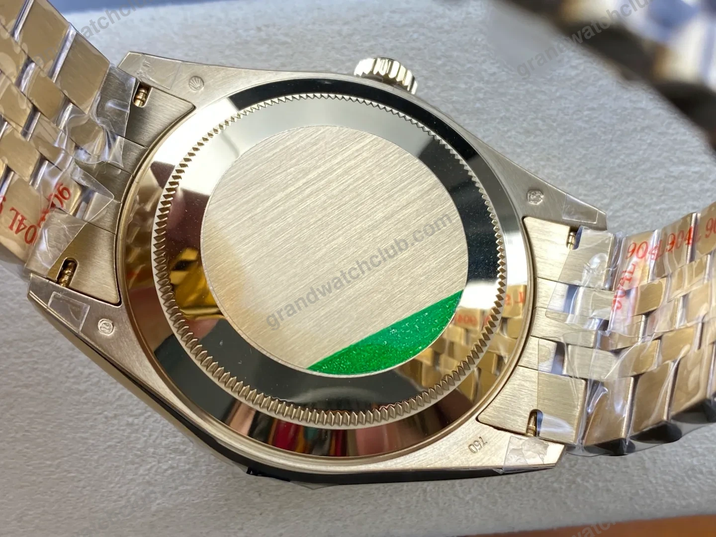 Super Clone Rolex Sky-Dweller Green Dial 336938 (Jubilee) — on leather display