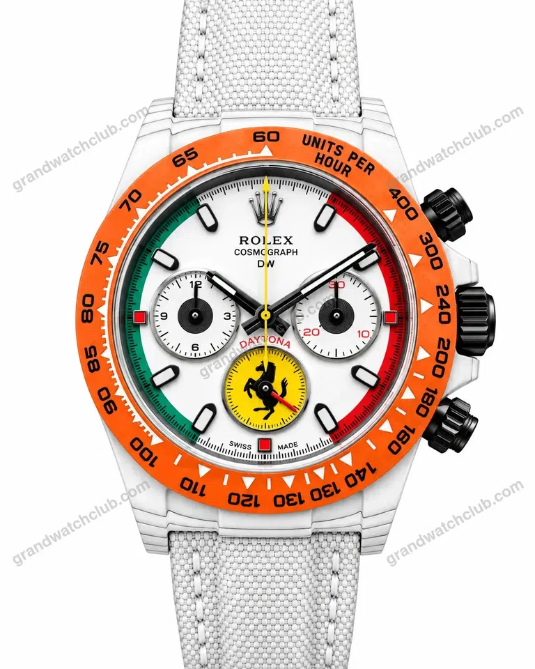 Super Clone Rolex Cosmograph Daytona DIW Ferrari White Carbon Orange Bezel 116500LN – Swiss SuperClone