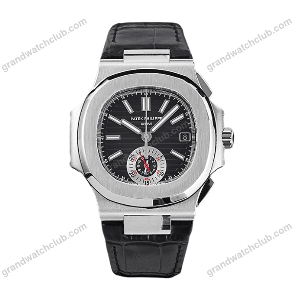 Super Clone Patek Philippe Nautilus Chronograph 5980/1A-014 40.5mm Black Dial with Leather Strap