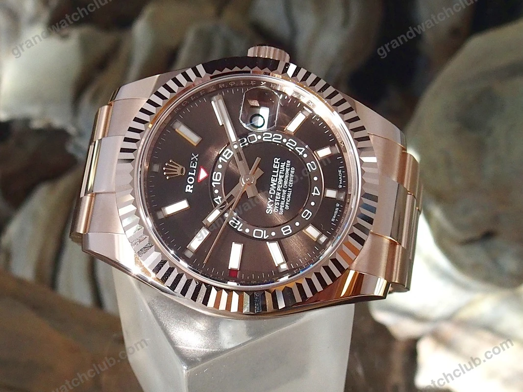 Super Clone Rolex Sky-Dweller Chocolate Dial 336935 — on leather display