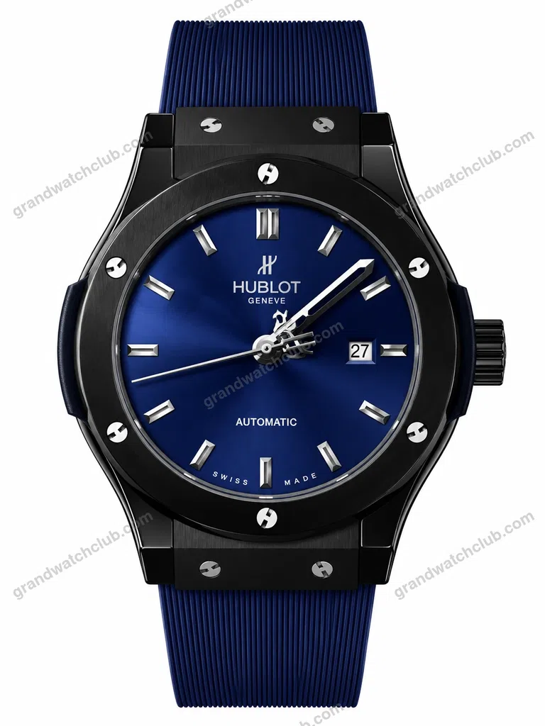 Super Clone Hublot Classic Fusion Black Blue Sunburst Dial Rubber Strap