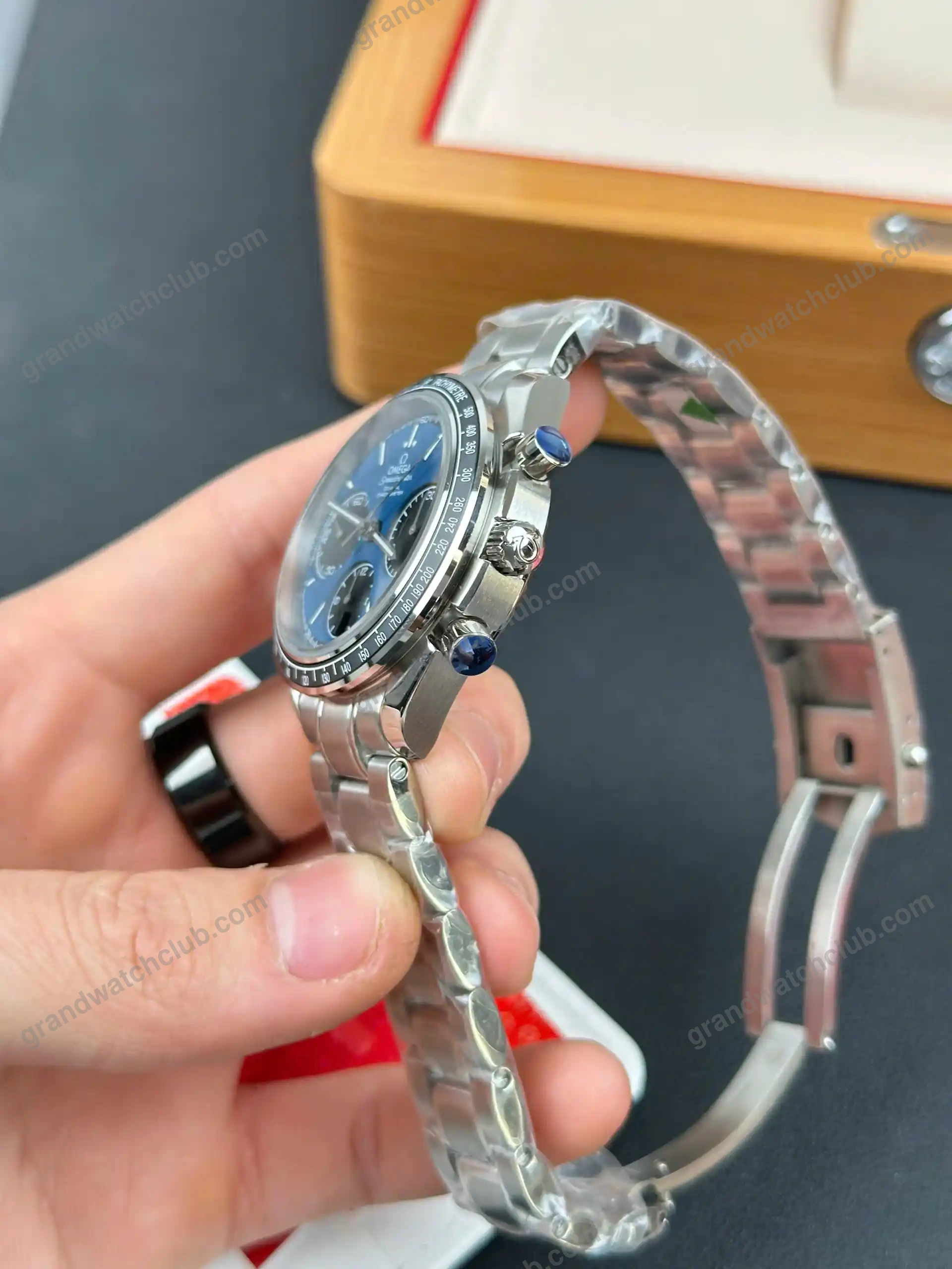 Super Clone Omega 40mm Steel — on leather display