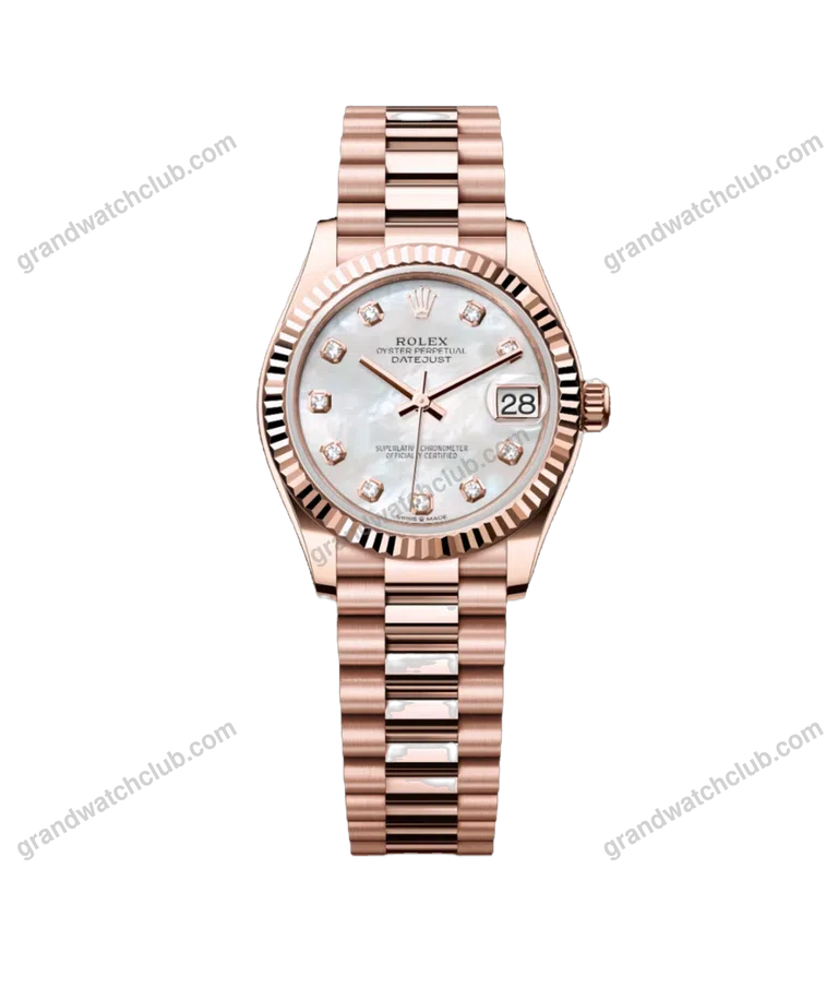 Super Clone Rolex ,White Mother-Of-Pearl Set With Diamonds , 31 mm, Everose Gold