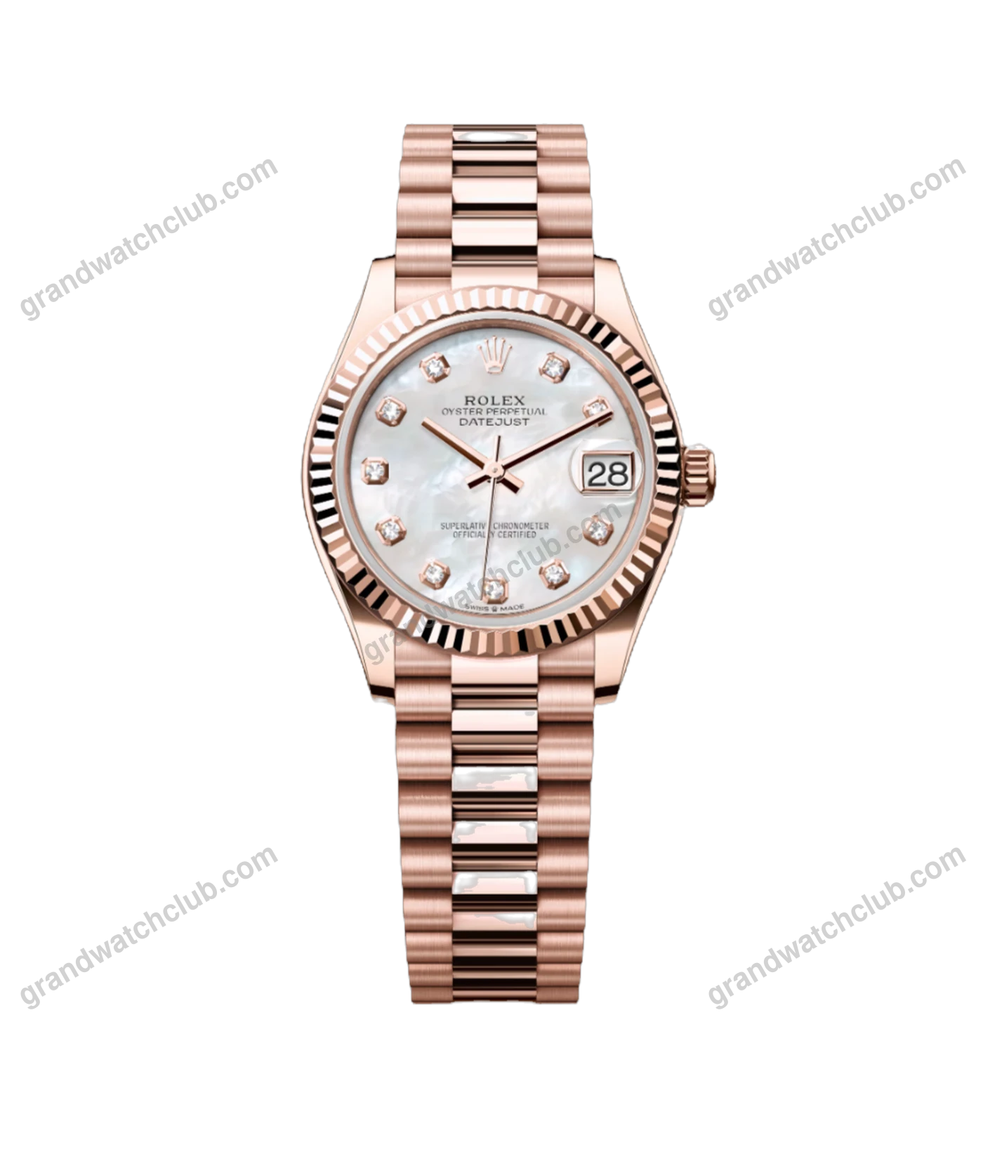 Super Clone Rolex ,White Mother-Of-Pearl Set With Diamonds , 31 mm, Everose Gold