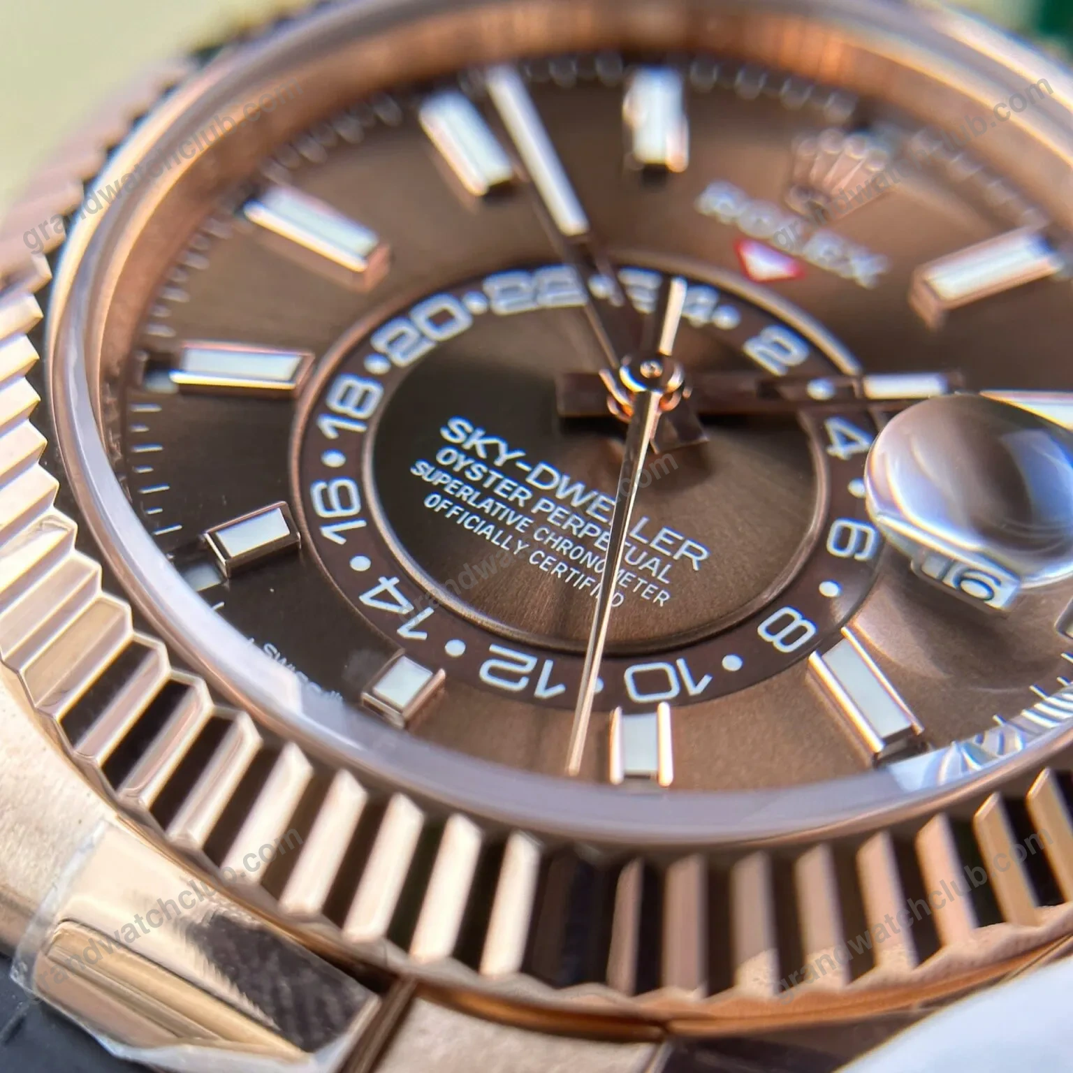 Super Clone Rolex Sky-Dweller Chocolate Dial 336235 — on leather display