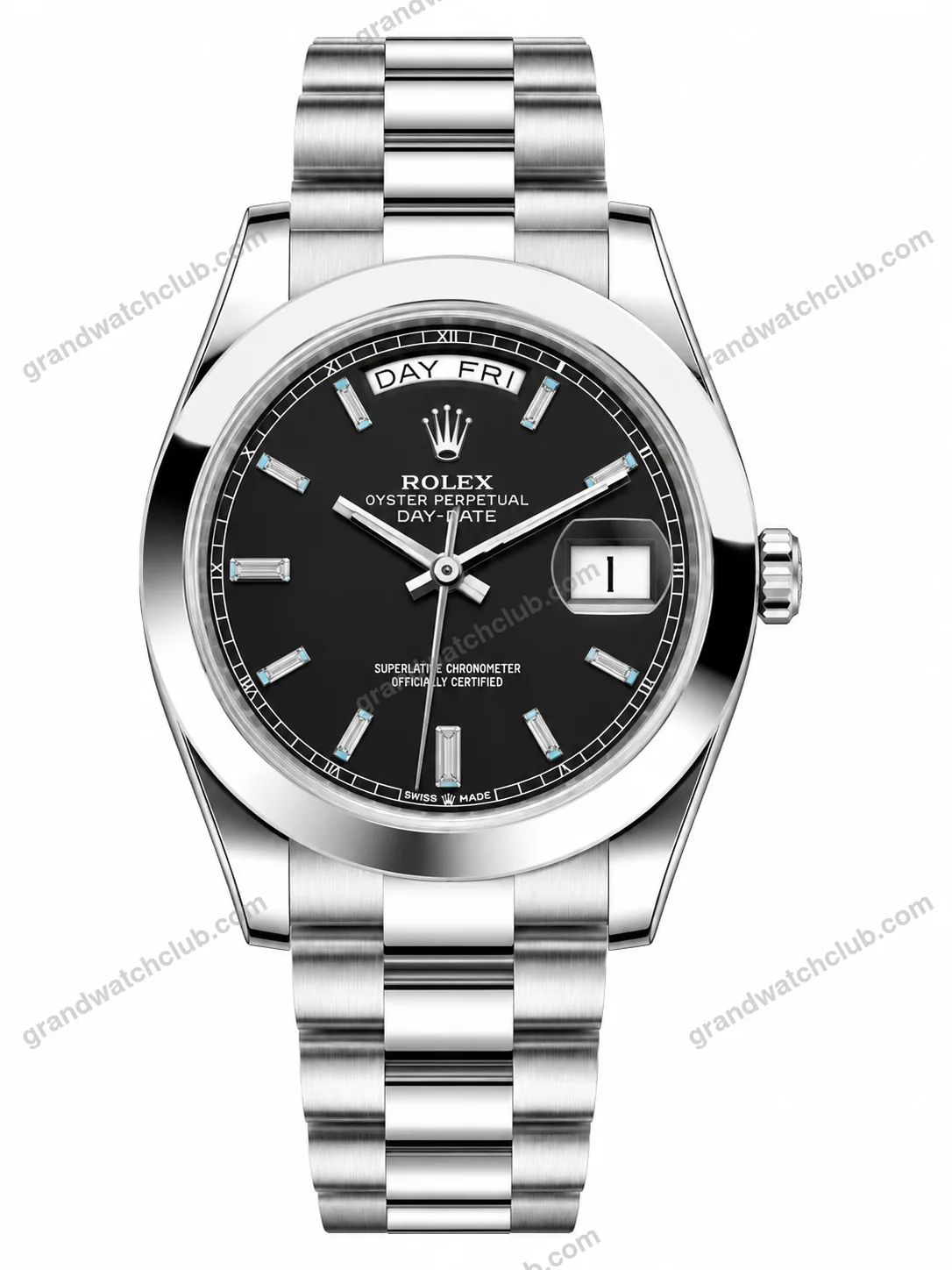 Reduced Rolex Day-Date Silver Black Diamond Dial Oyster Bracelet