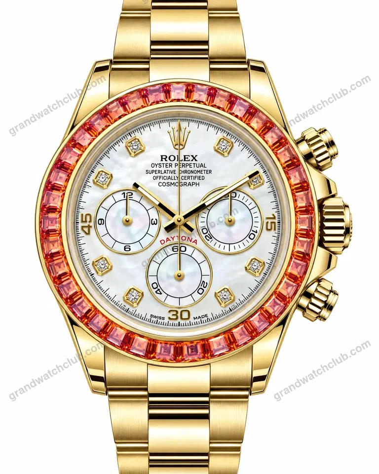 Super Clone Rolex Cosmograph Daytona Mother of Pearl Diamond Dial Orange Sapphire Bezel 116578SACO – Swiss SuperClone