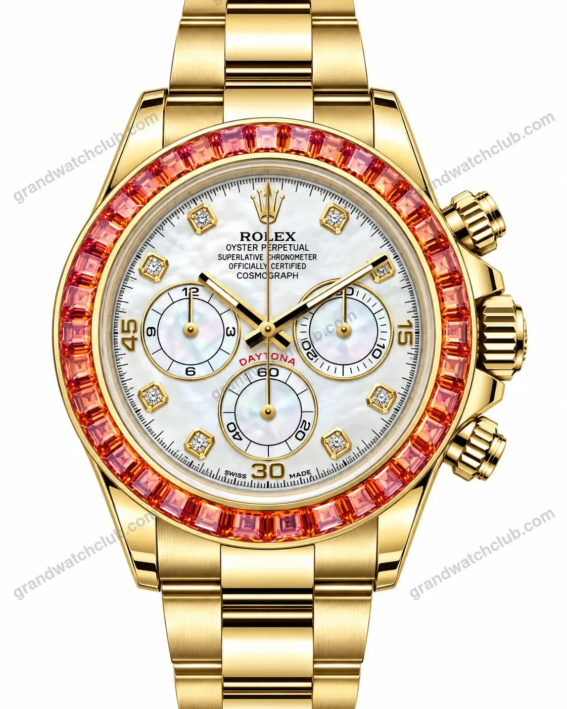 Super Clone Rolex Cosmograph Daytona Mother of Pearl Diamond Dial Orange Sapphire Bezel 116578SACO – Swiss SuperClone