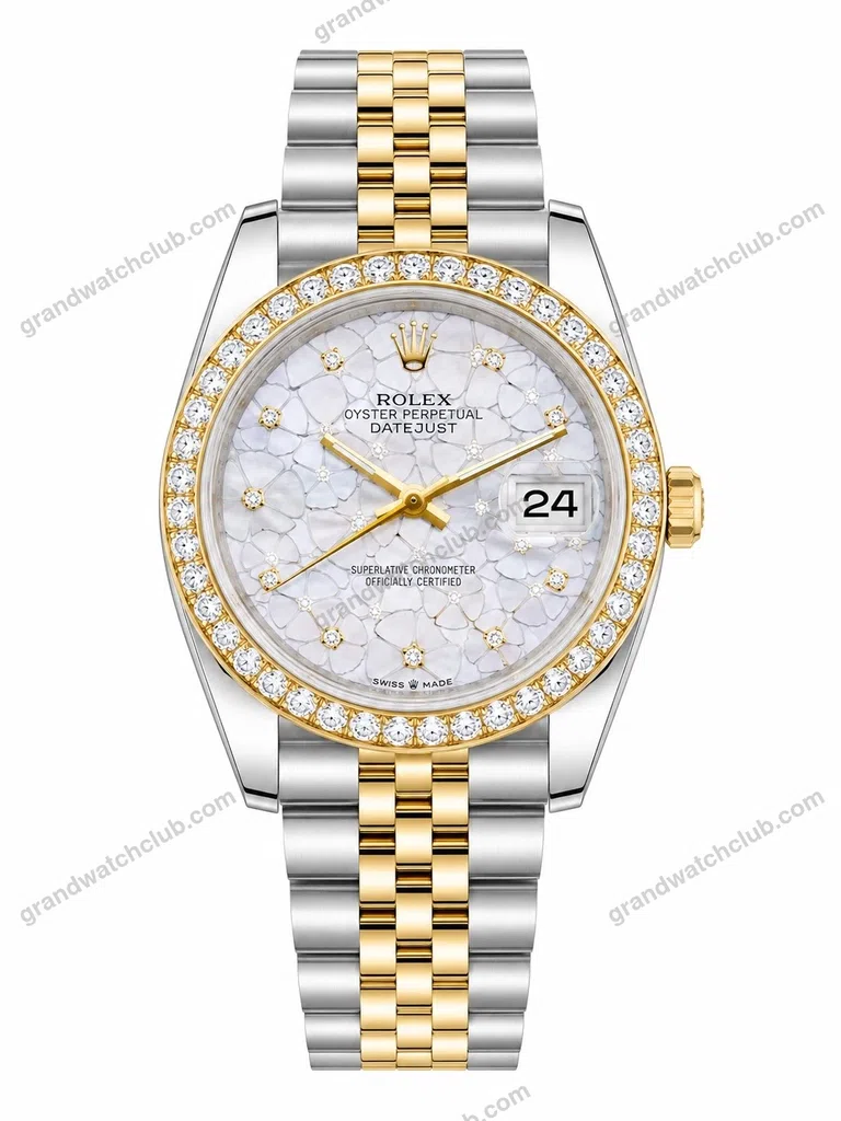 Super Clone Rolex Datejust 36 MM White Floral Diamond Dial Jubilee Bracelet Yellow Gold Two Tone Diamond Bezel