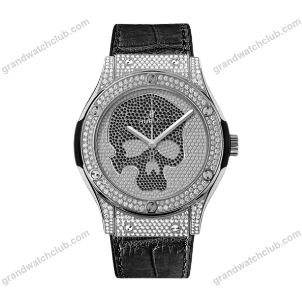 Super Clone Hublot Classic Fusion SKULL Full Diamonds Moissanite Pave 42mm Black Dial – Handcrafted Diamod