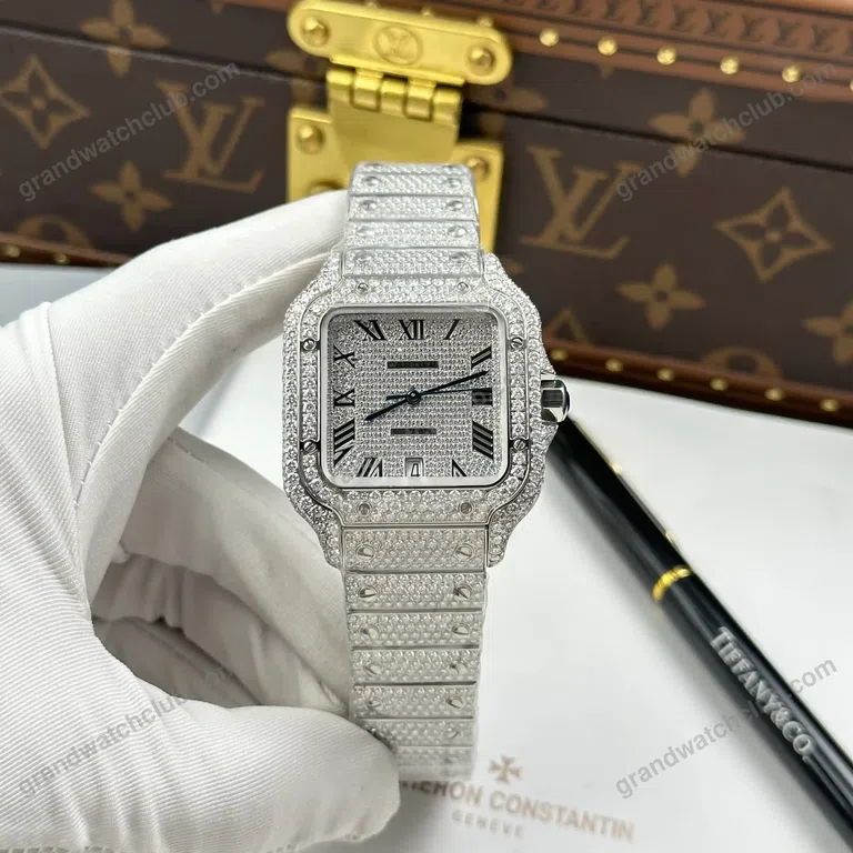 Super Clone Cartier Santos de Cartie Larger Full Diamond 39.8mm – Handcrafted Diamod