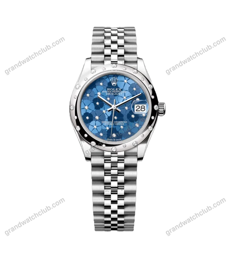 Super Clone Rolex ,Azzuro Blue, Floral Motif Set With Diamonds , 31 mm