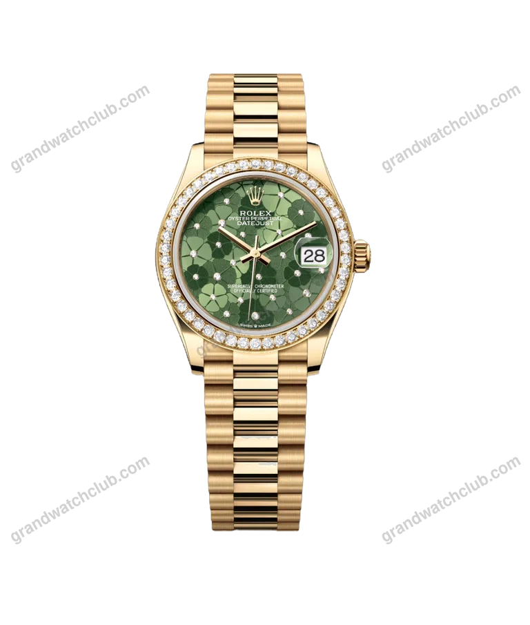Super Clone Rolex ,Olive Green, Floral Motif Set With Diamons , 31 mm