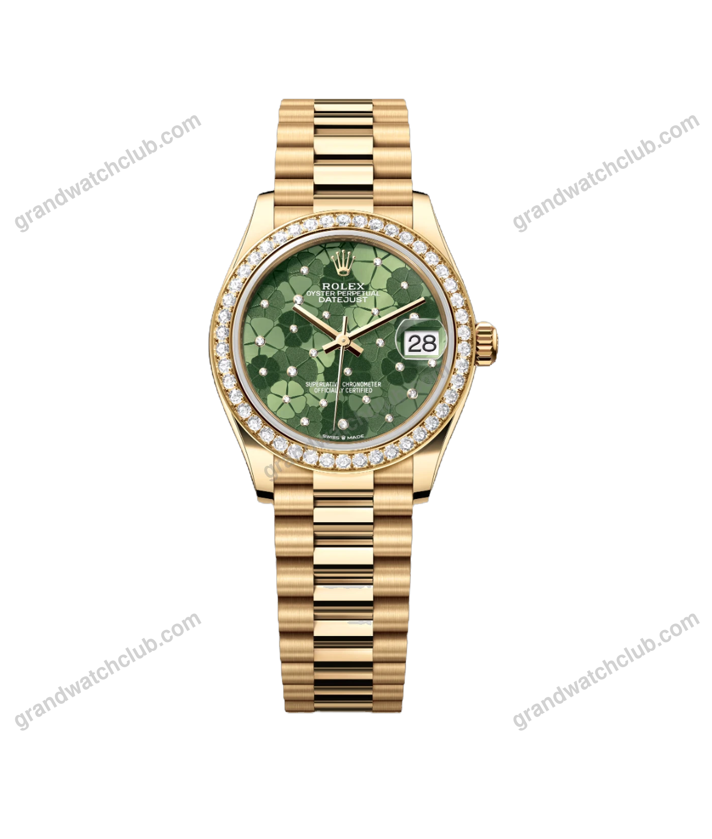 Super Clone Rolex ,Olive Green, Floral Motif Set With Diamons , 31 mm