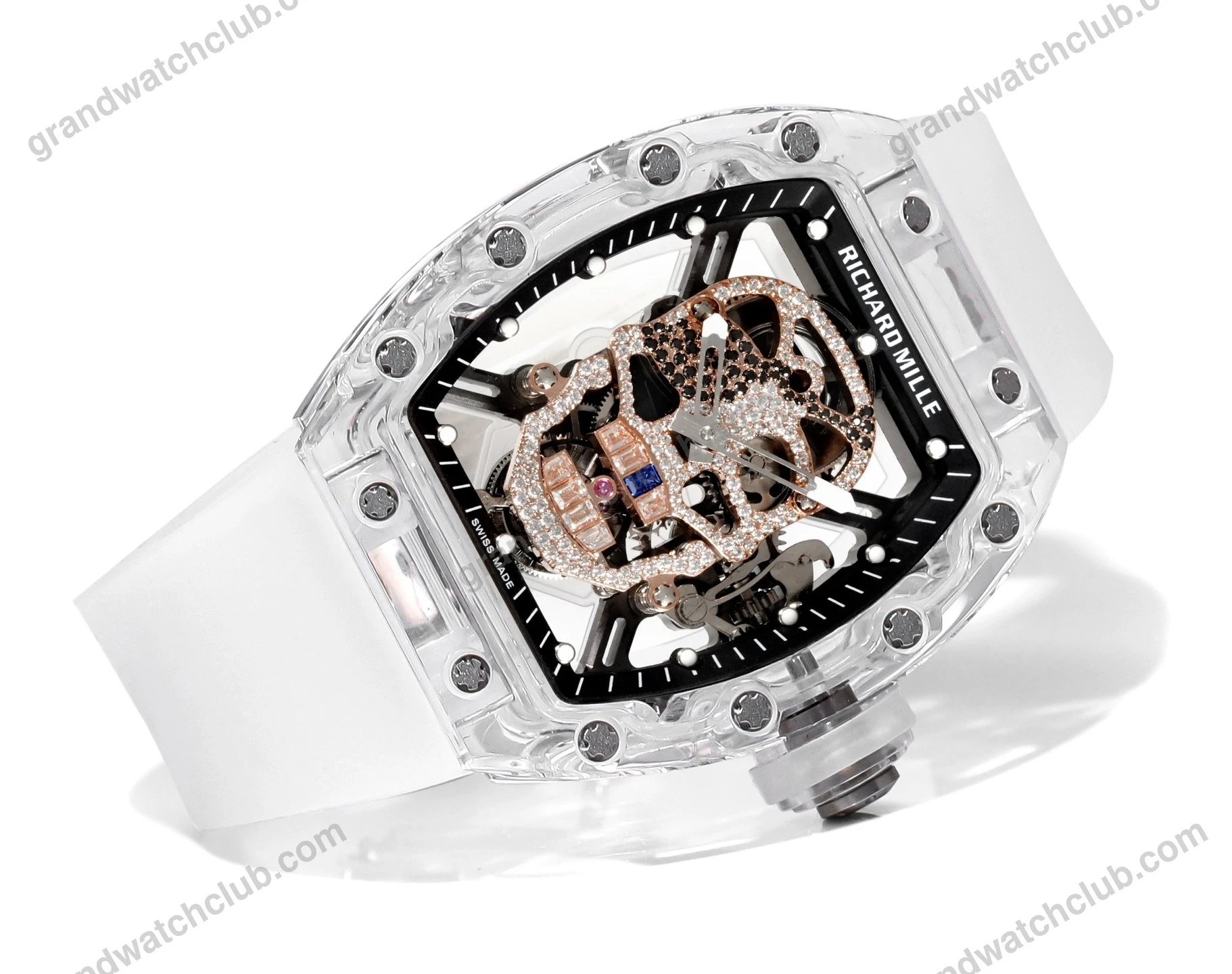 Super Clone Richard Mille RM 52-01 Transparent Skull Tourbillon Rubber Strap β dial close-up