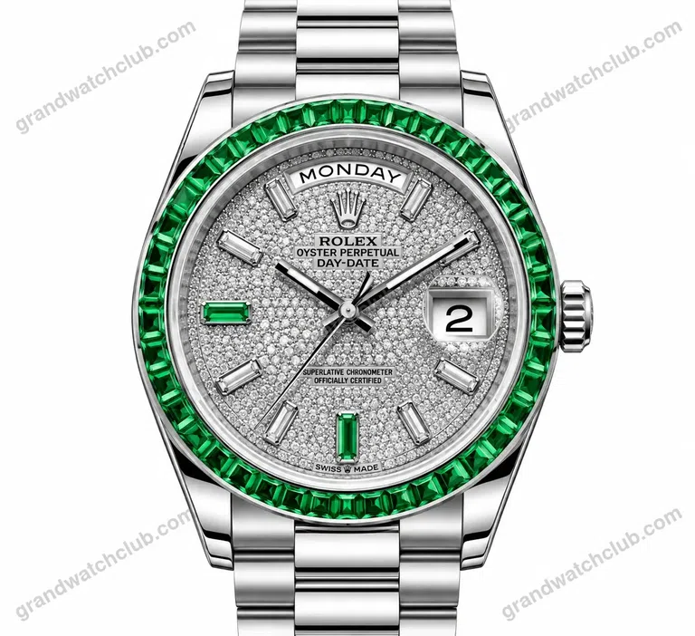 Super Clone Rolex Day-Date 40 Emerald Bezel Diamond Pavé Dial 228396TEM President – Swiss SuperClone