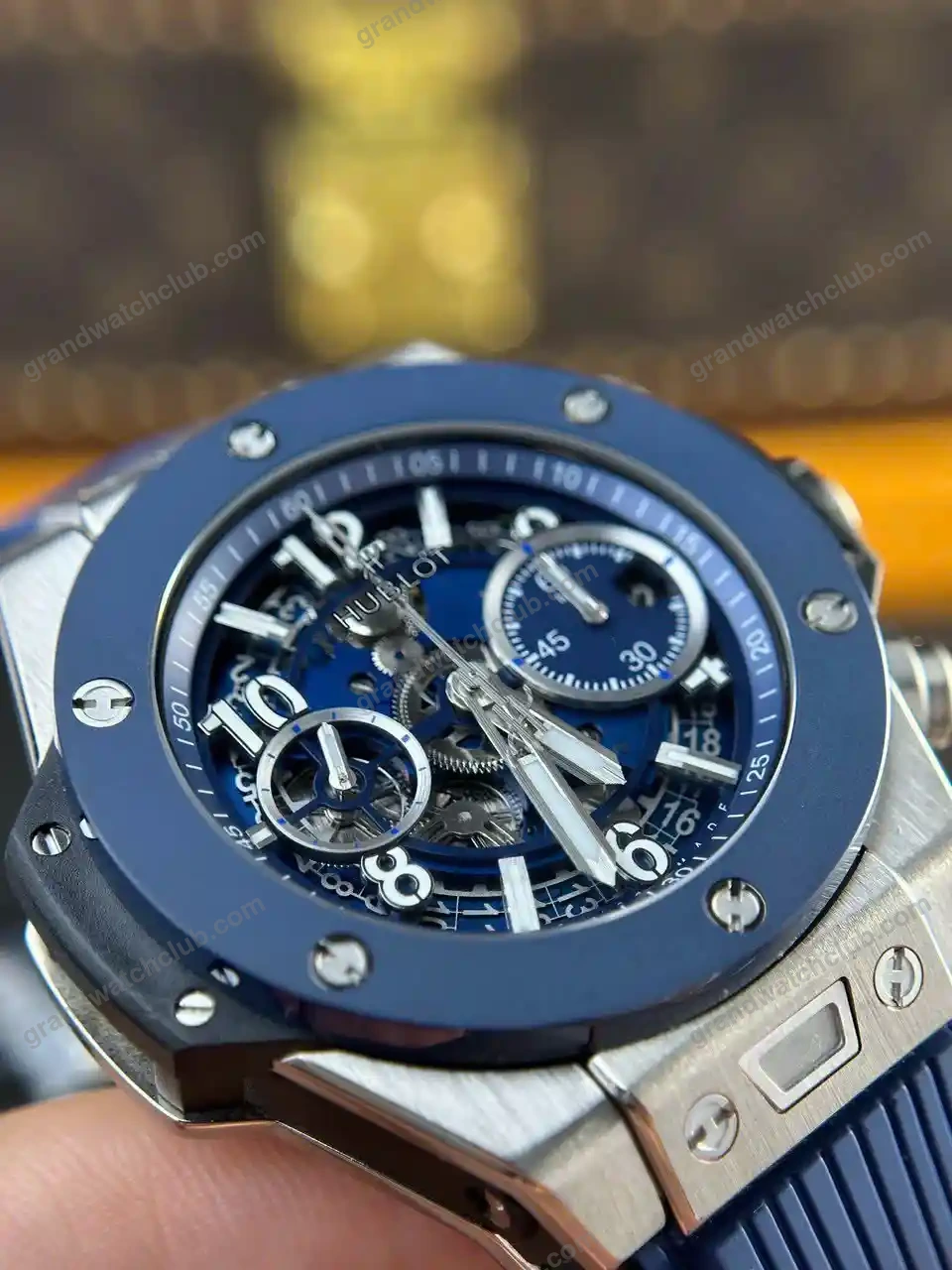 Super Clone Hublot Big Bang Unico Titanium Blue Ceramic 441.NL.5171.RX 42mm — on leather display