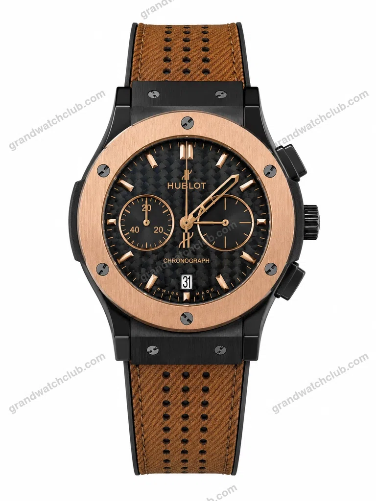 Super Clone Hublot Big Bang Rose Gold Carbon Dial Brown Leather Strap