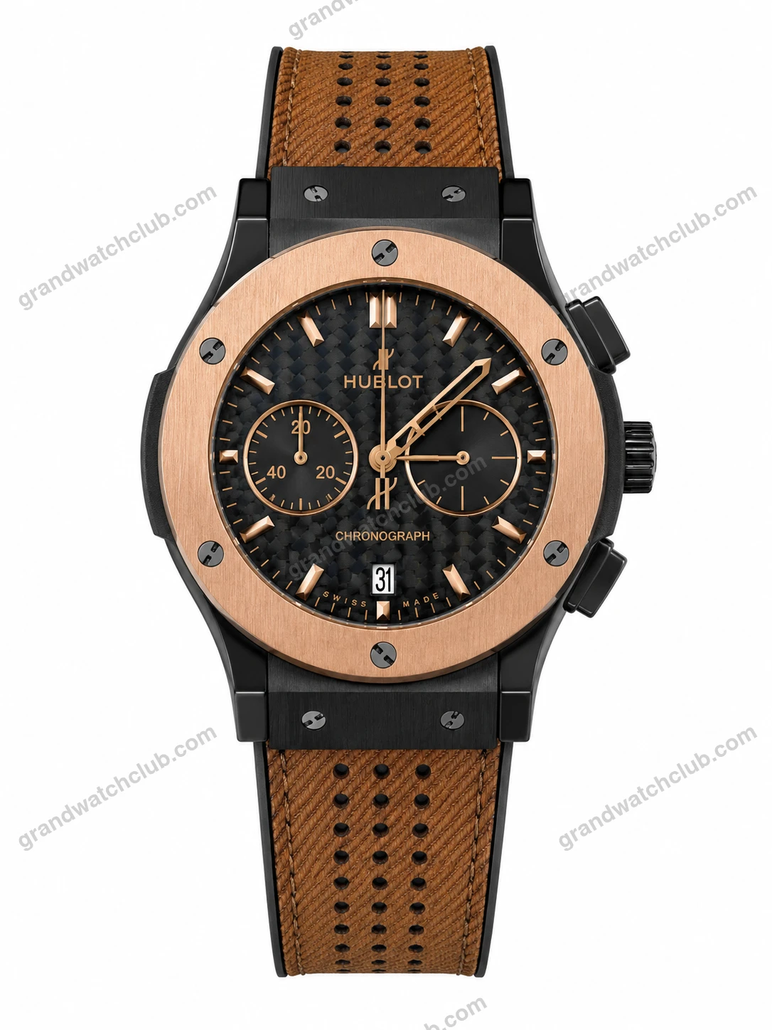 Super Clone Hublot Big Bang Rose Gold Carbon Dial Brown Leather Strap