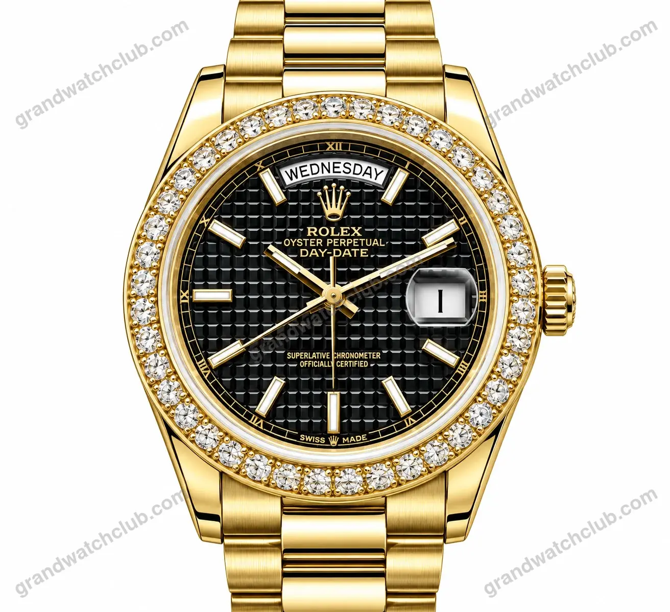 Super Clone Rolex Day-Date 40 Black Motif Dial Diamond Bezel 228348RBR President – Swiss SuperClone
