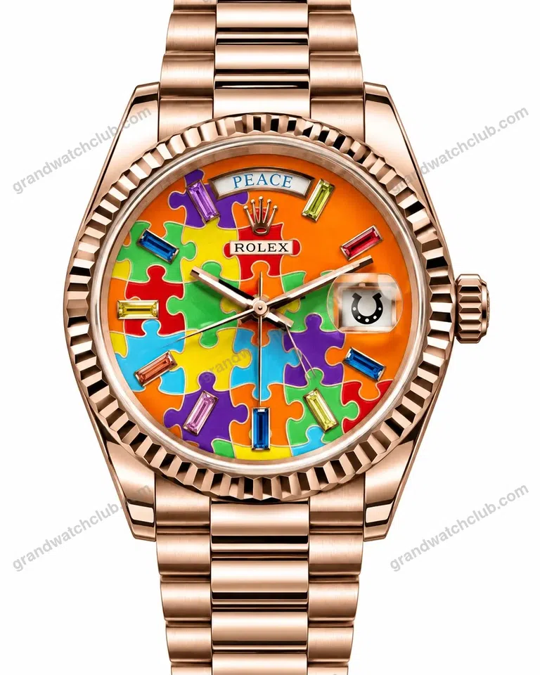 Super Clone Rolex Day-Date 36 Puzzle Dial Everose Gold 128235 President – Swiss SuperClone