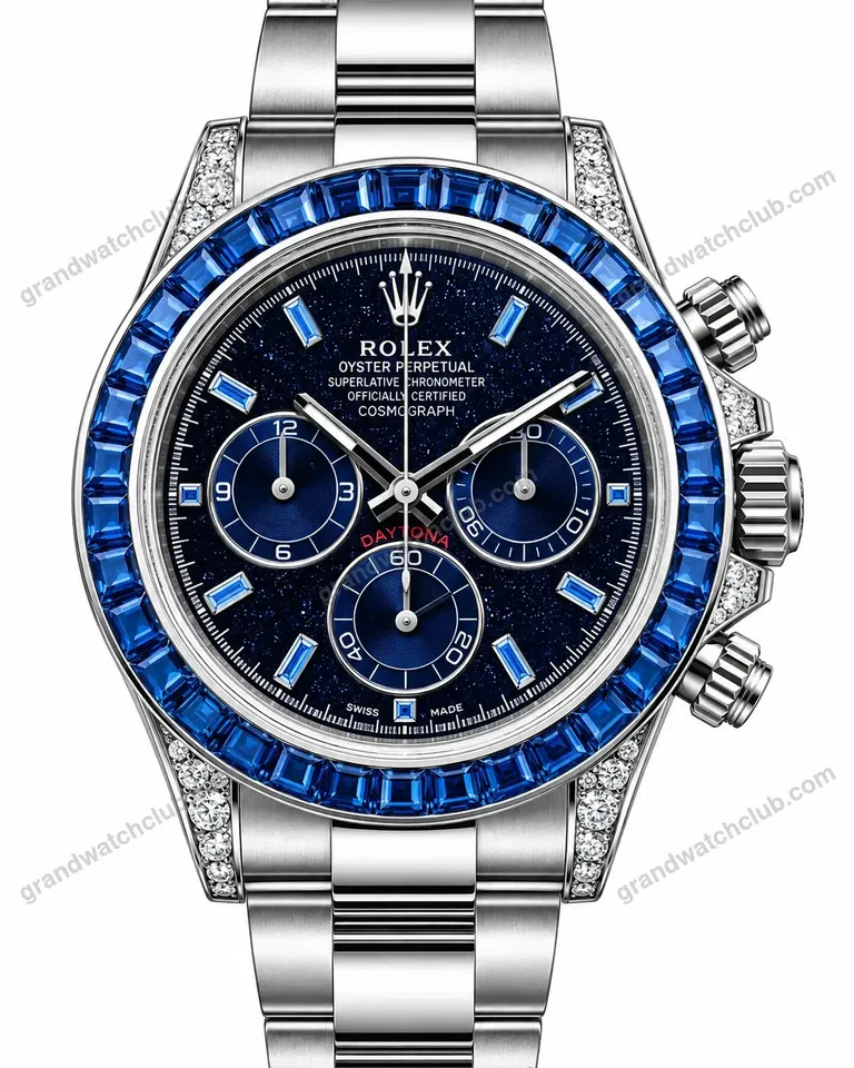 Super Clone Rolex Cosmograph Daytona Blue Sapphire Diamond Bezel Black Dial 116520 – Swiss SuperClone