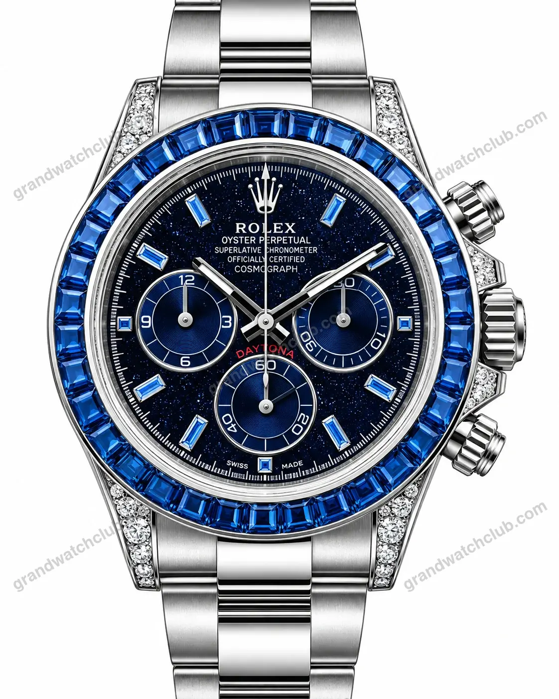 Super Clone Rolex Cosmograph Daytona Blue Sapphire Diamond Bezel Black Dial 116520 – Swiss SuperClone