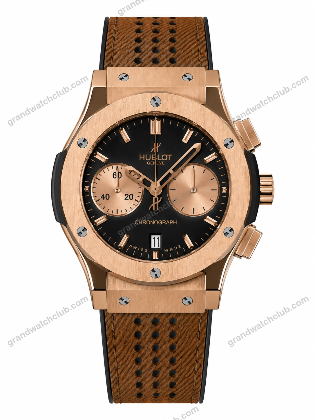 Super Clone Hublot Big Bang Rose Gold Black Dial Brown Leather Strap
