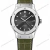 Super Clone Hublot Classic Fusion Silver Black Dial Green Crocodile Leather Strap
