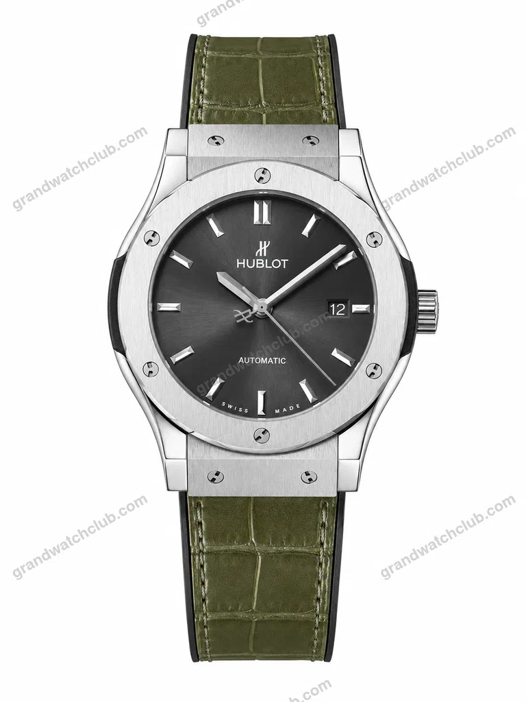 Super Clone Hublot Classic Fusion Silver Black Dial Green Crocodile Leather Strap