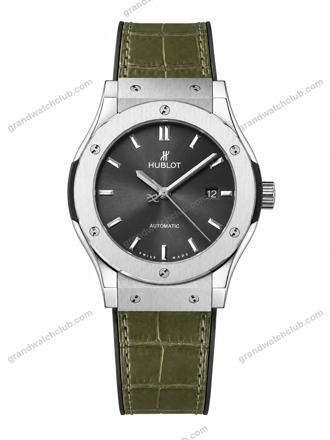 Super Clone Hublot Classic Fusion Silver Black Dial Green Crocodile Leather Strap