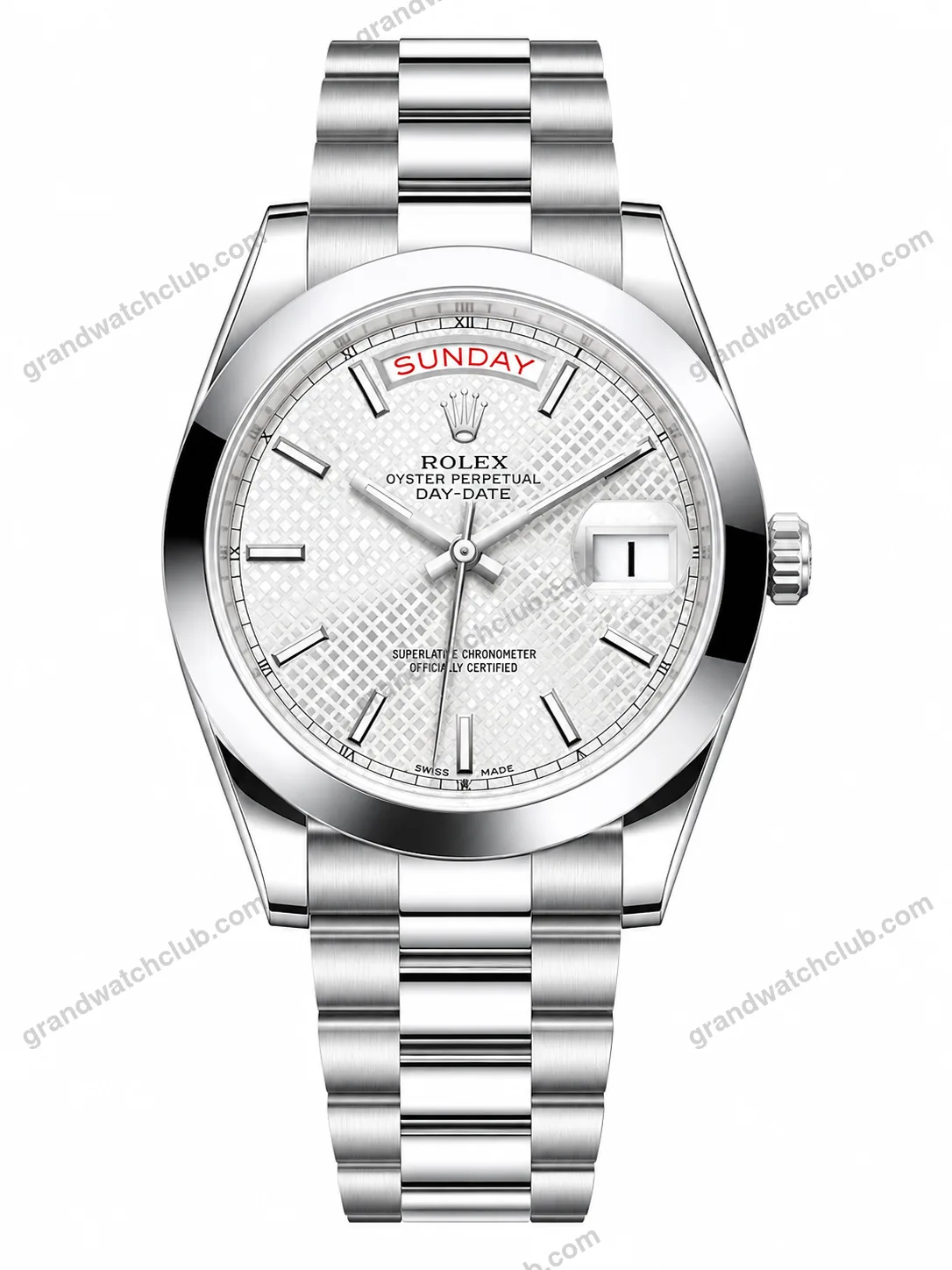 Reduced Rolex Day-Date Silver White Textured Dial Oyster Bracelet