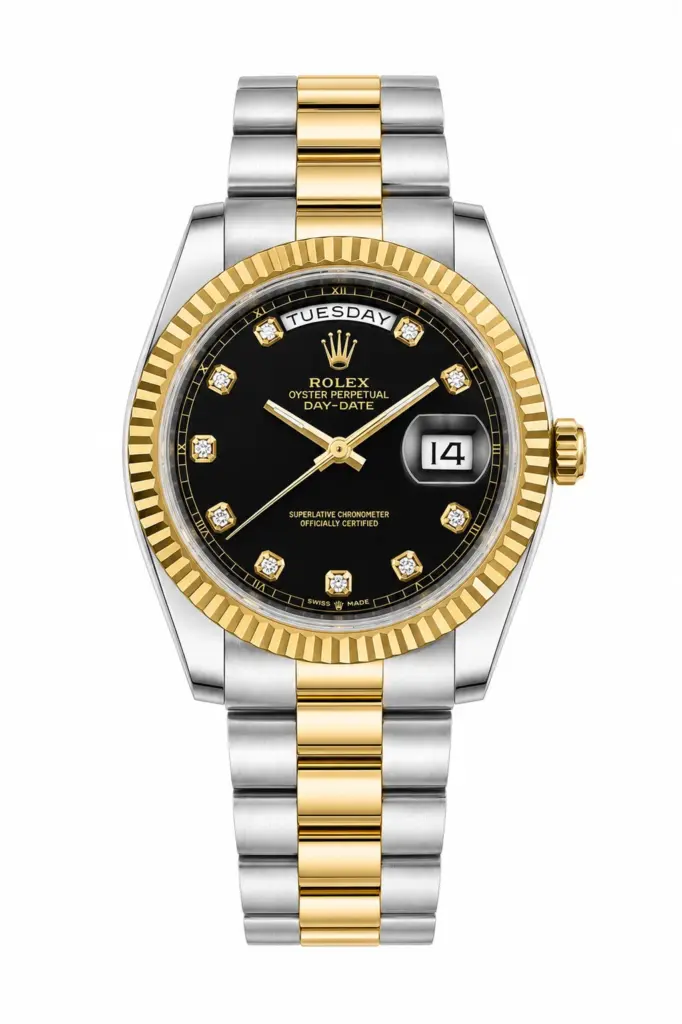 Super Clone Rolex Day Date Two Tone Black Diamond Dial